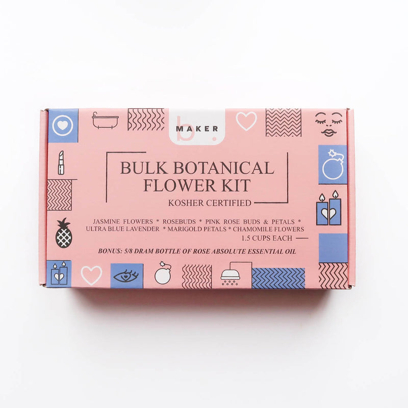 bMAKER Bulk Botanical Flowers Kit, 6 Pack - Edible, Kosher Certified - 1.5 Cups Each of Jasmine, Rosebuds, Lavender, Marigold, Chamomile, Pink Rose Petals, 2 ml of Rose Absolute Essential Oil